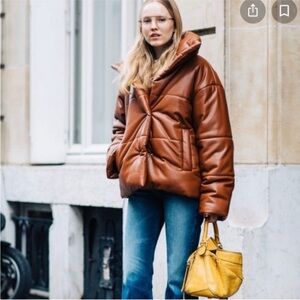 Free People genuine leather Quilted Bomber Snap Puffer coat NEW